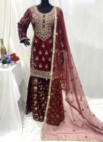 Silk Maroon Wedding Wear Hand Work Readymade Sharara Suit